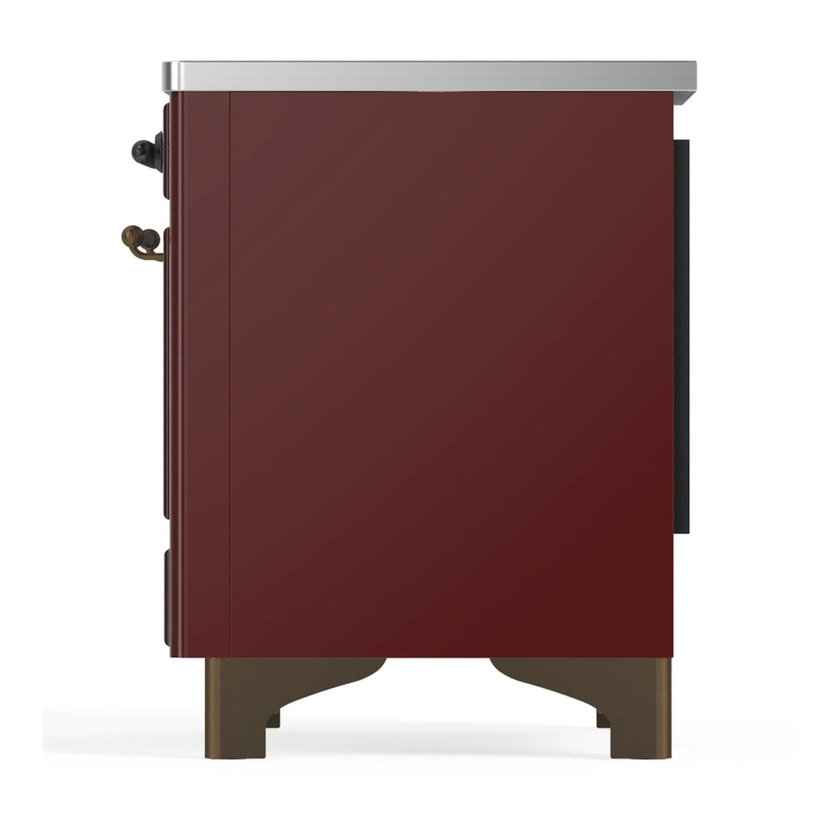 Burgundy induction range other side panel with trim and exposed handle mounts