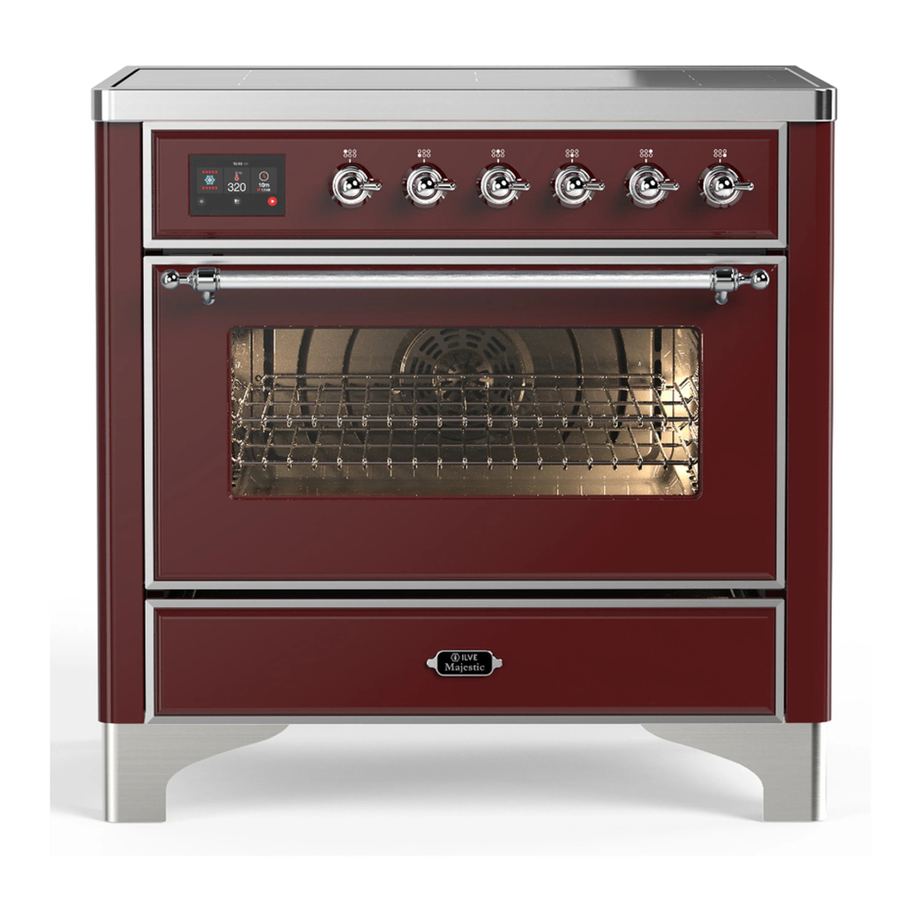 Burgundy induction range with chrome trim, open electric oven door, visible racks and burner
