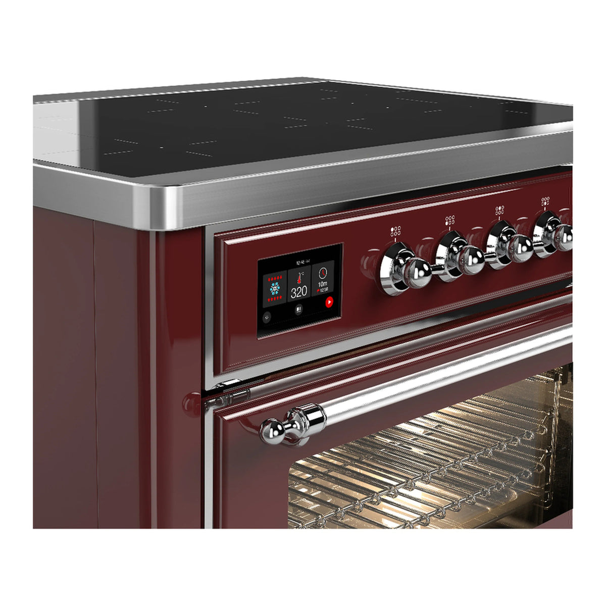 Burgundy induction range control panel with chrome knobs and open oven drawer