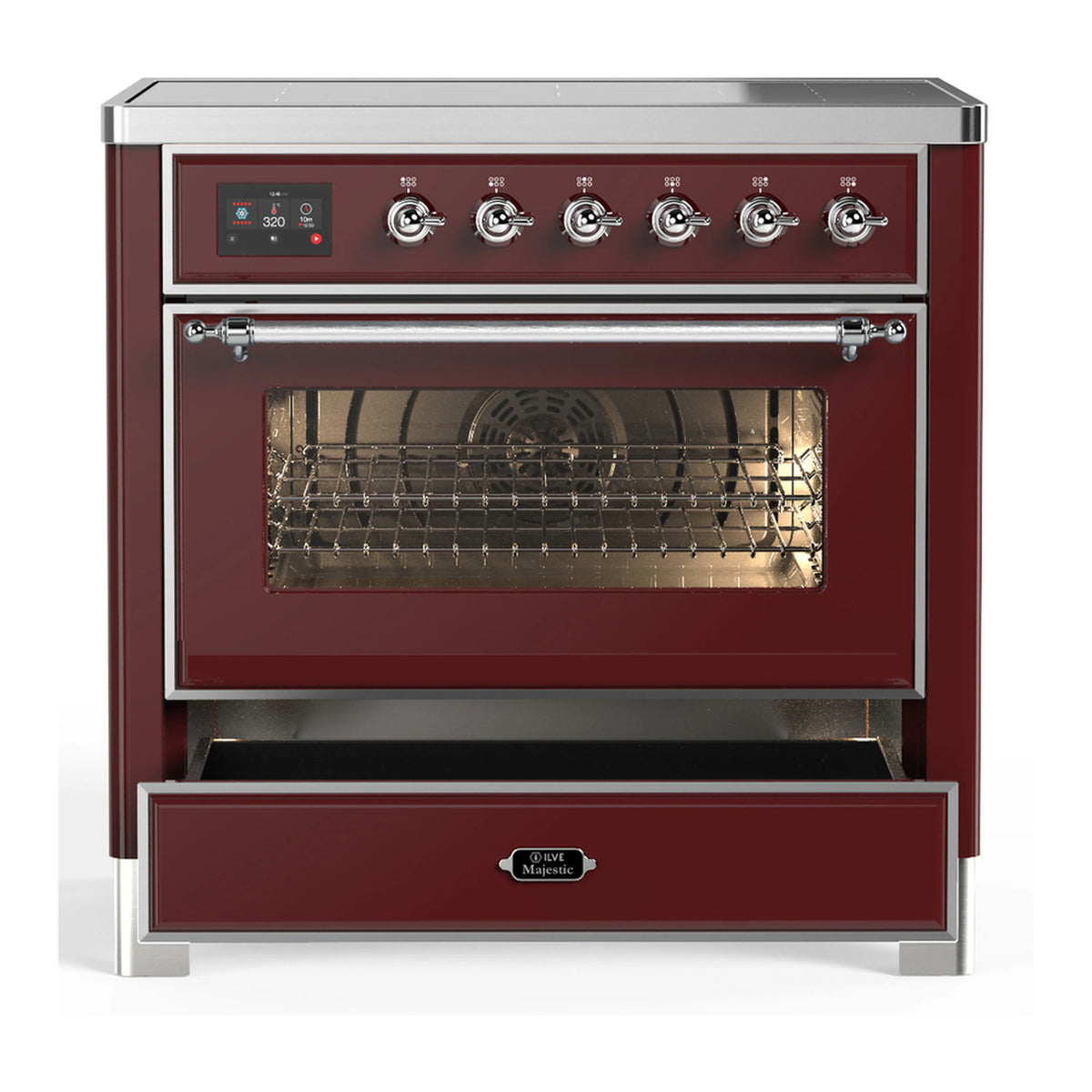 Burgundy induction range with chrome trim, closed oven door and control knobs