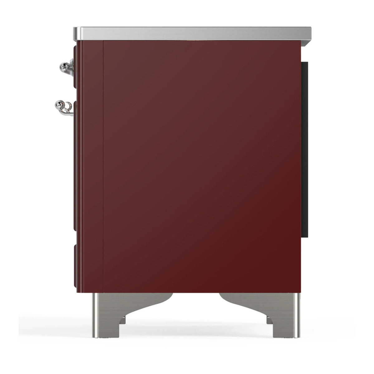 Burgundy induction range rear side view with chrome trim and handles