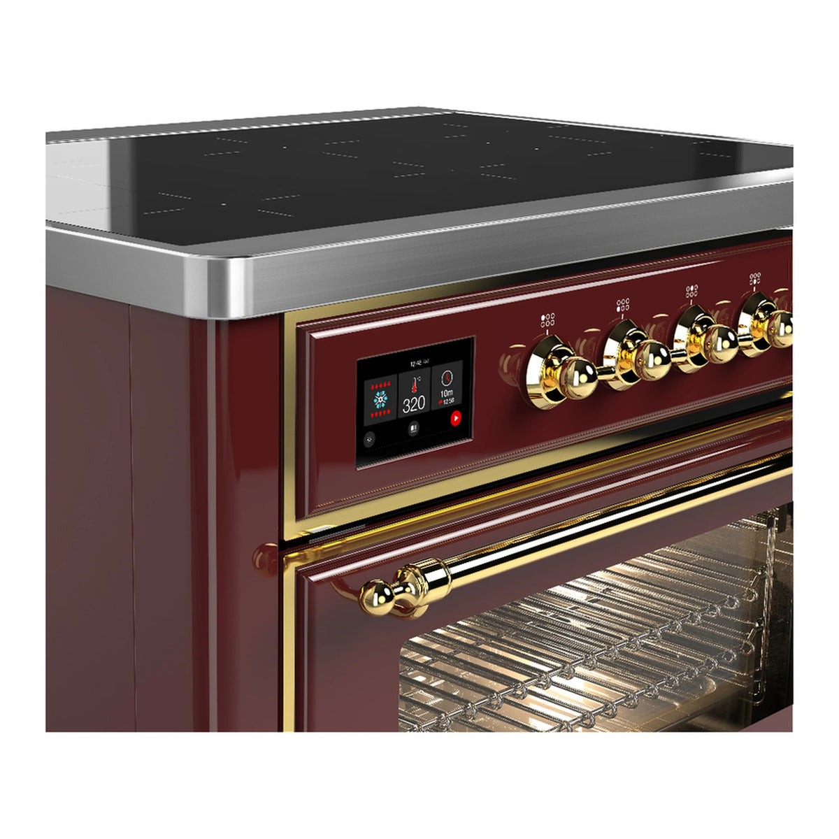 Burgundy induction range with brass trim; side view shows control panel and open oven rack.