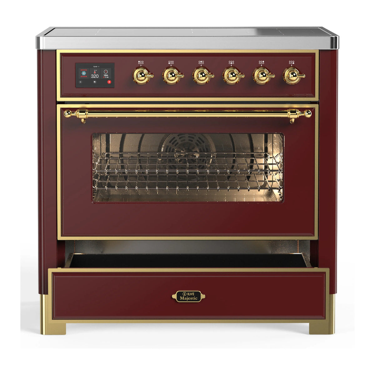 Burgundy induction range with brass trim, closed oven door, and top control panel.