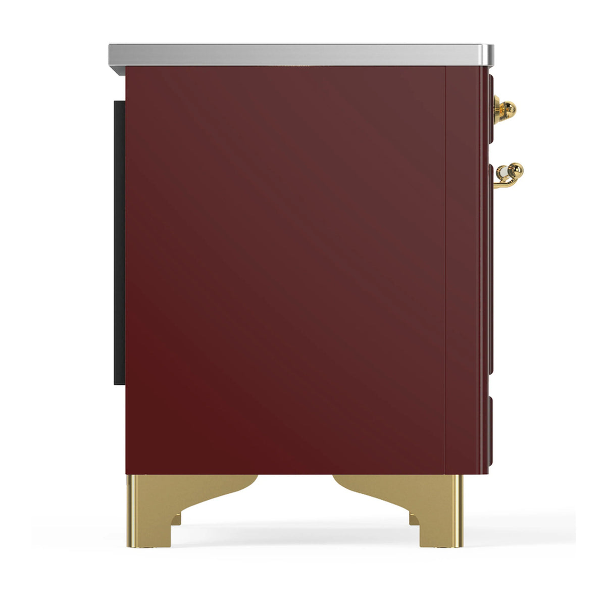Burgundy induction range side panel with brass trim and raised brass feet.