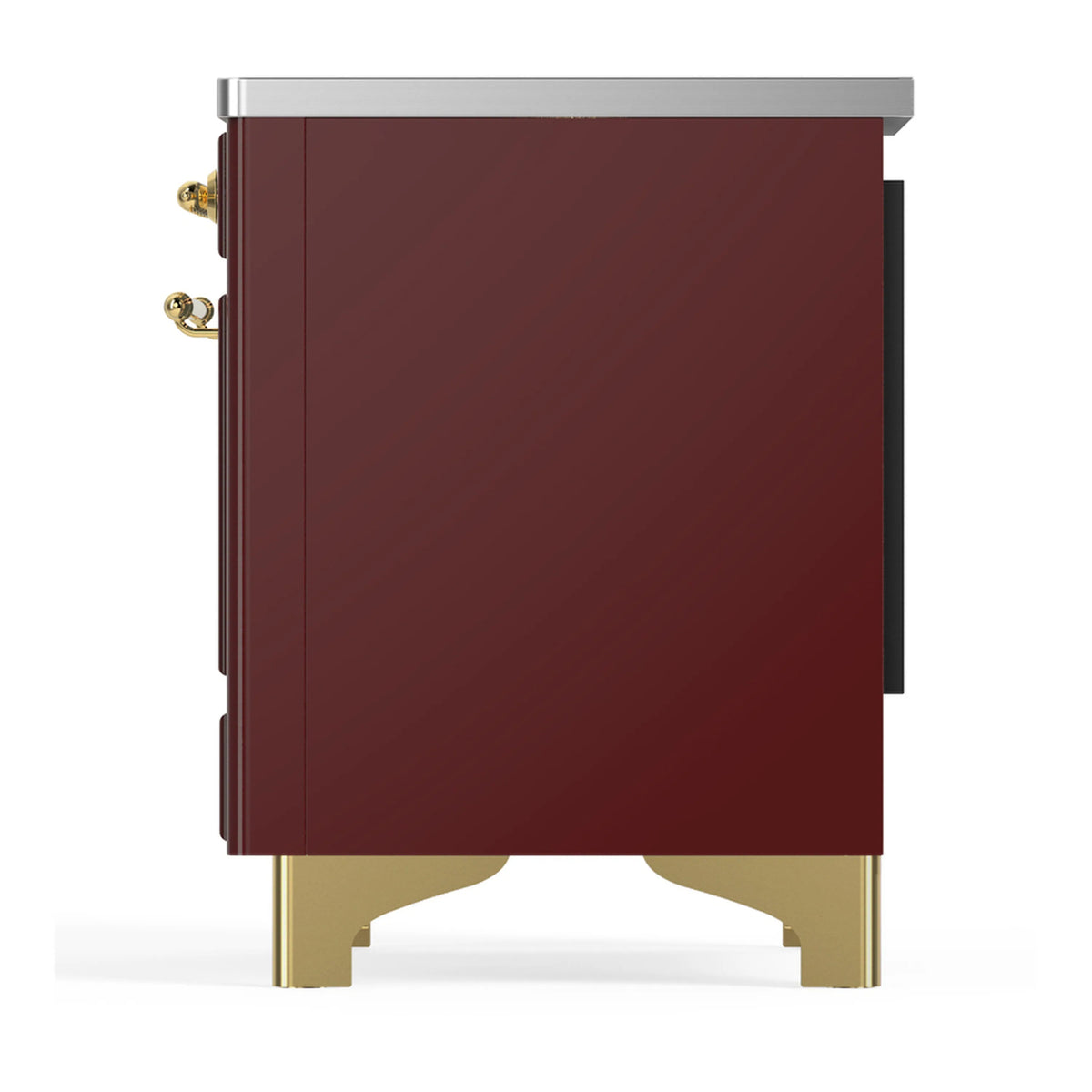 Burgundy induction range side with brass handles and raised brass feet.