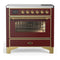 ILVE Majestic III 36-Inch Induction Range with 6 Induction Elements and Triple Glass Door Electric Oven in Burgundy with Brass Trim (UMIB36NR3BUG)