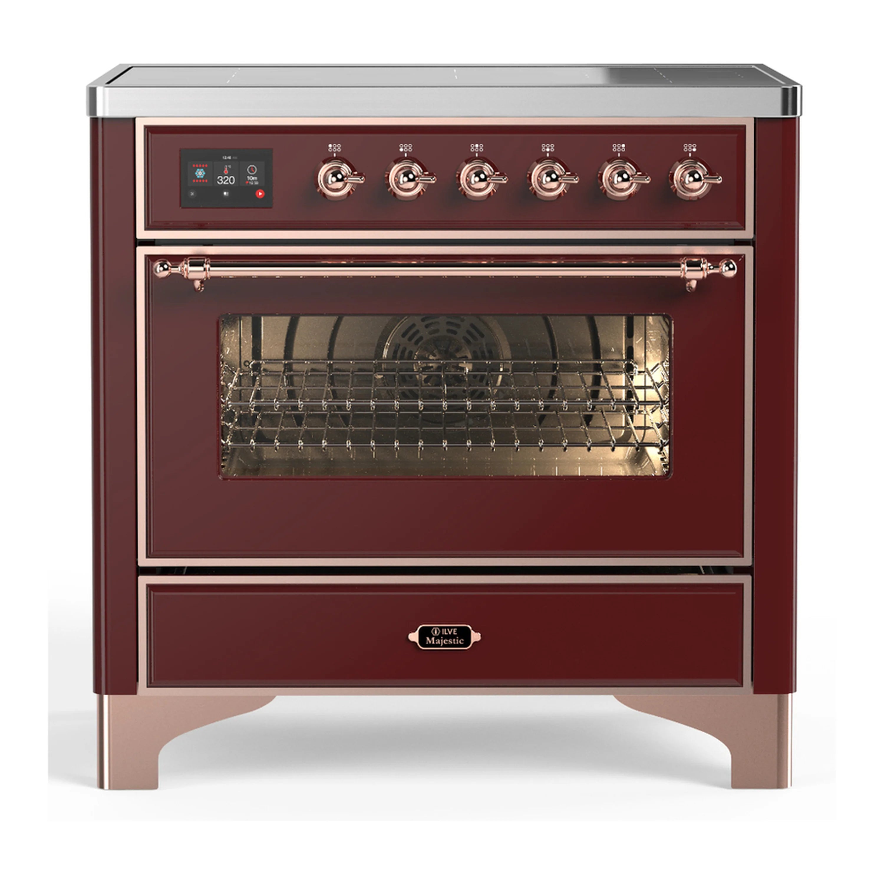 Burgundy induction range with copper-trim control knobs and oven door window