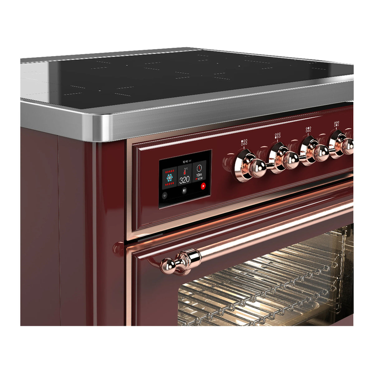 Burgundy induction range side view with touchscreen display and copper control knobs