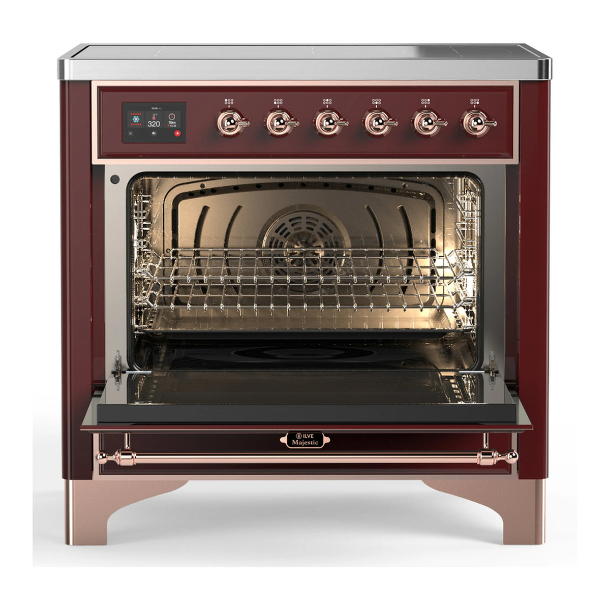 Burgundy induction range with open oven door and wire rack inside