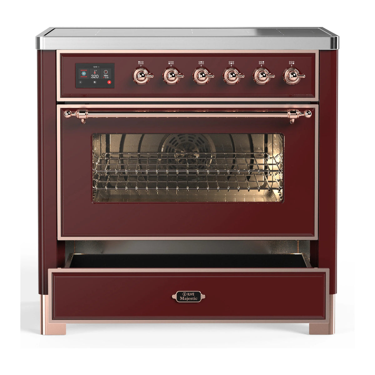 Burgundy induction range with oven door closed and lower drawer front
