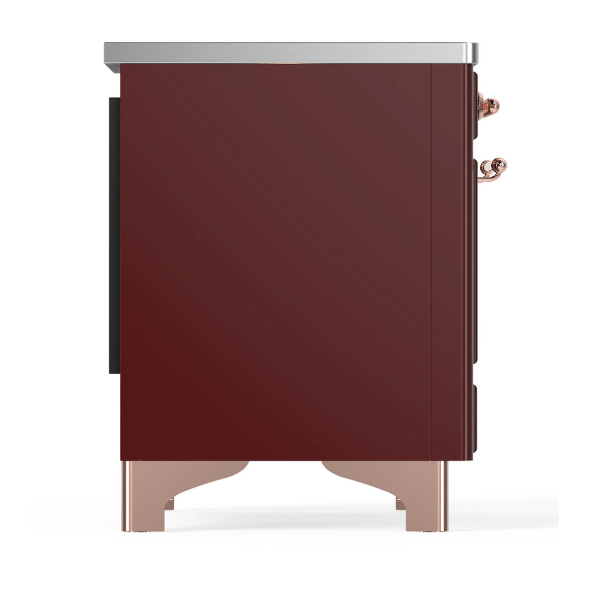 Burgundy induction range left-side panel with copper handle detail