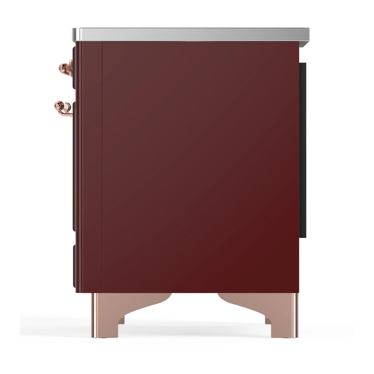 Burgundy induction range right-side panel with copper knobs and handles