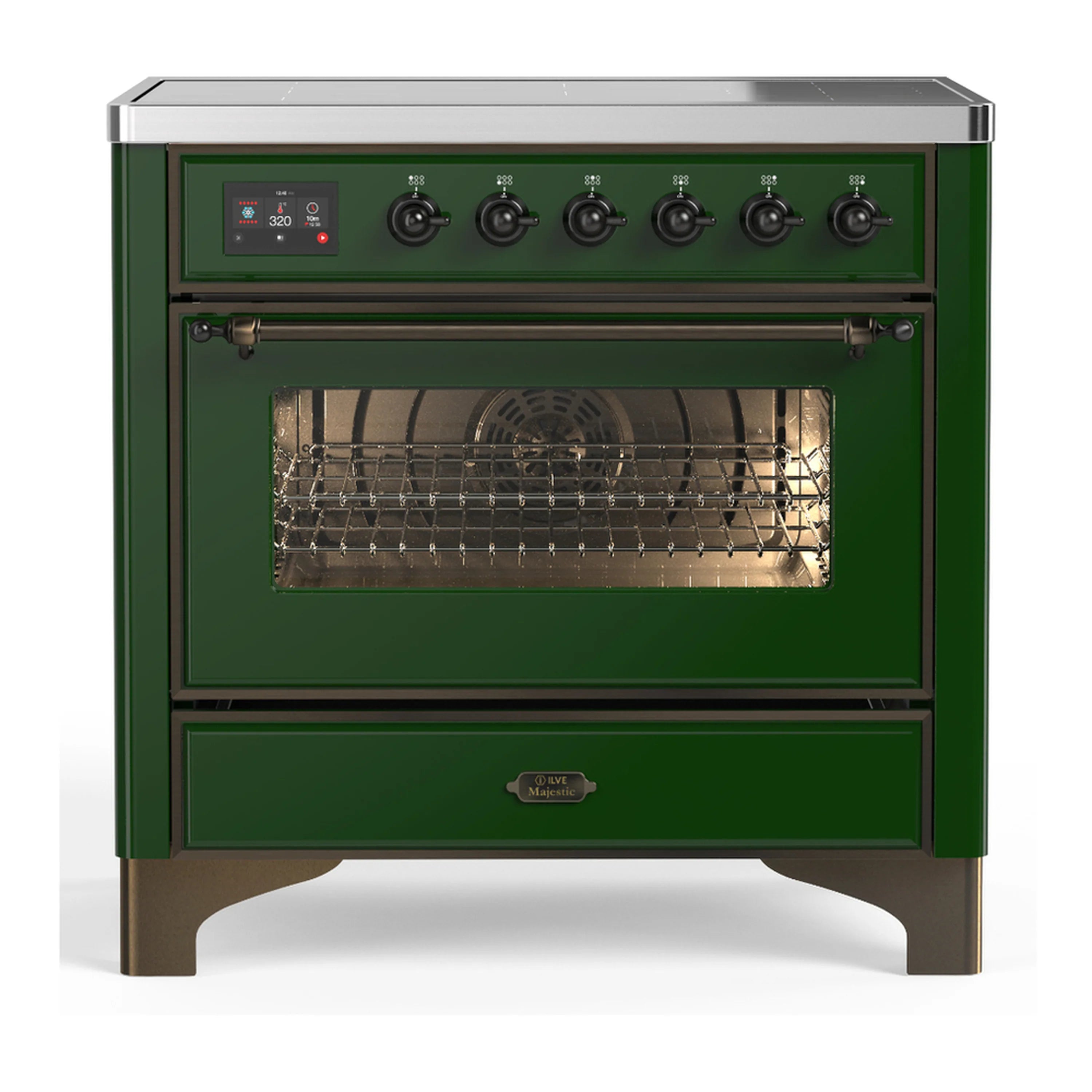 Emerald green induction range with 6 burners, black control display, and open oven door