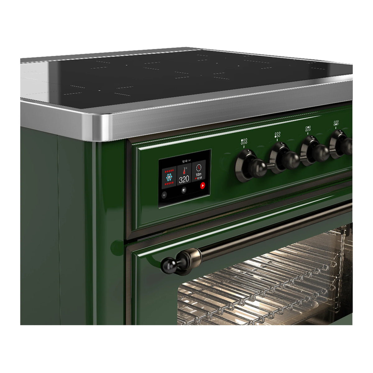 Emerald green induction range with burner knobs and open oven door, wire rack visible