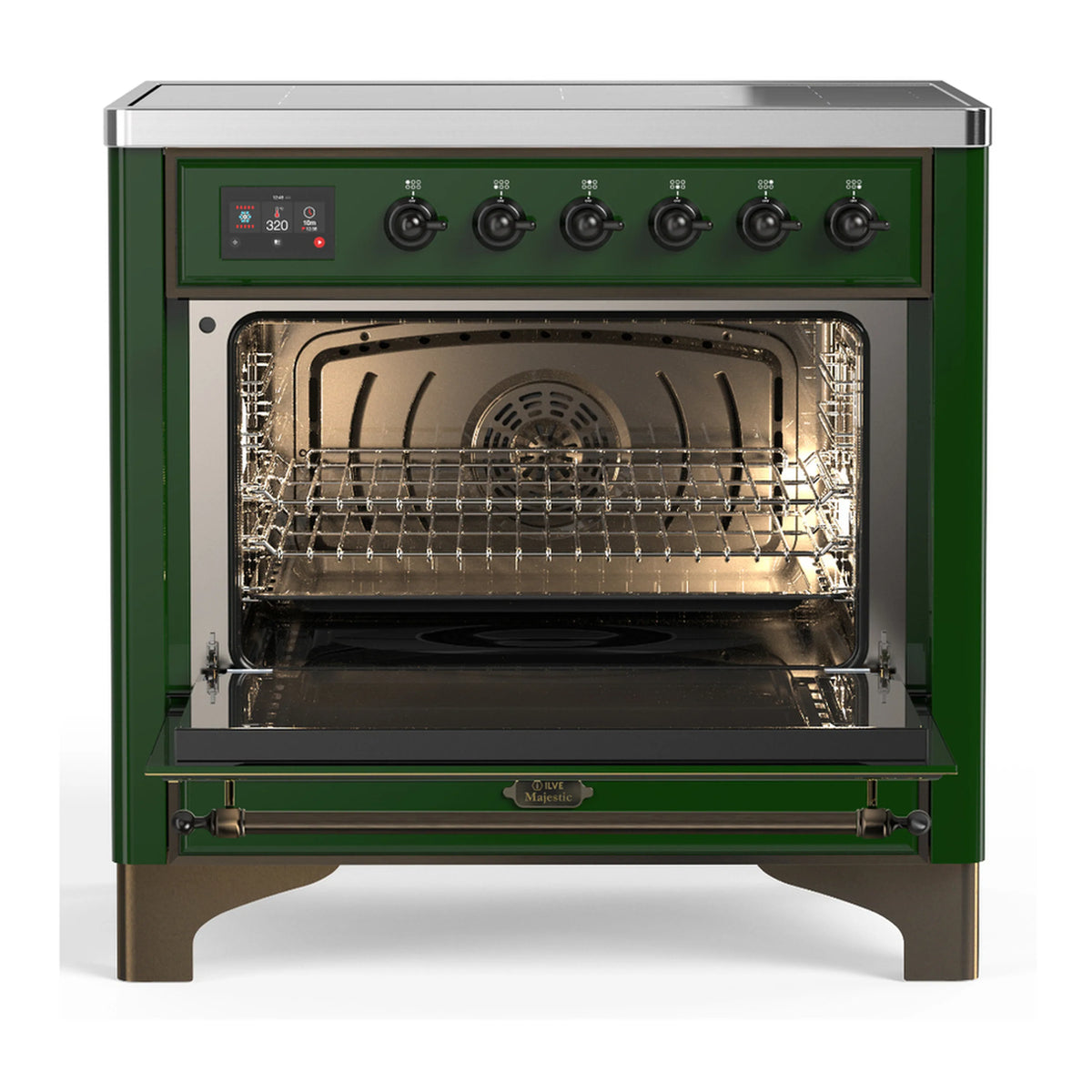 Emerald green induction range with 6 induction knobs and closed glass oven door