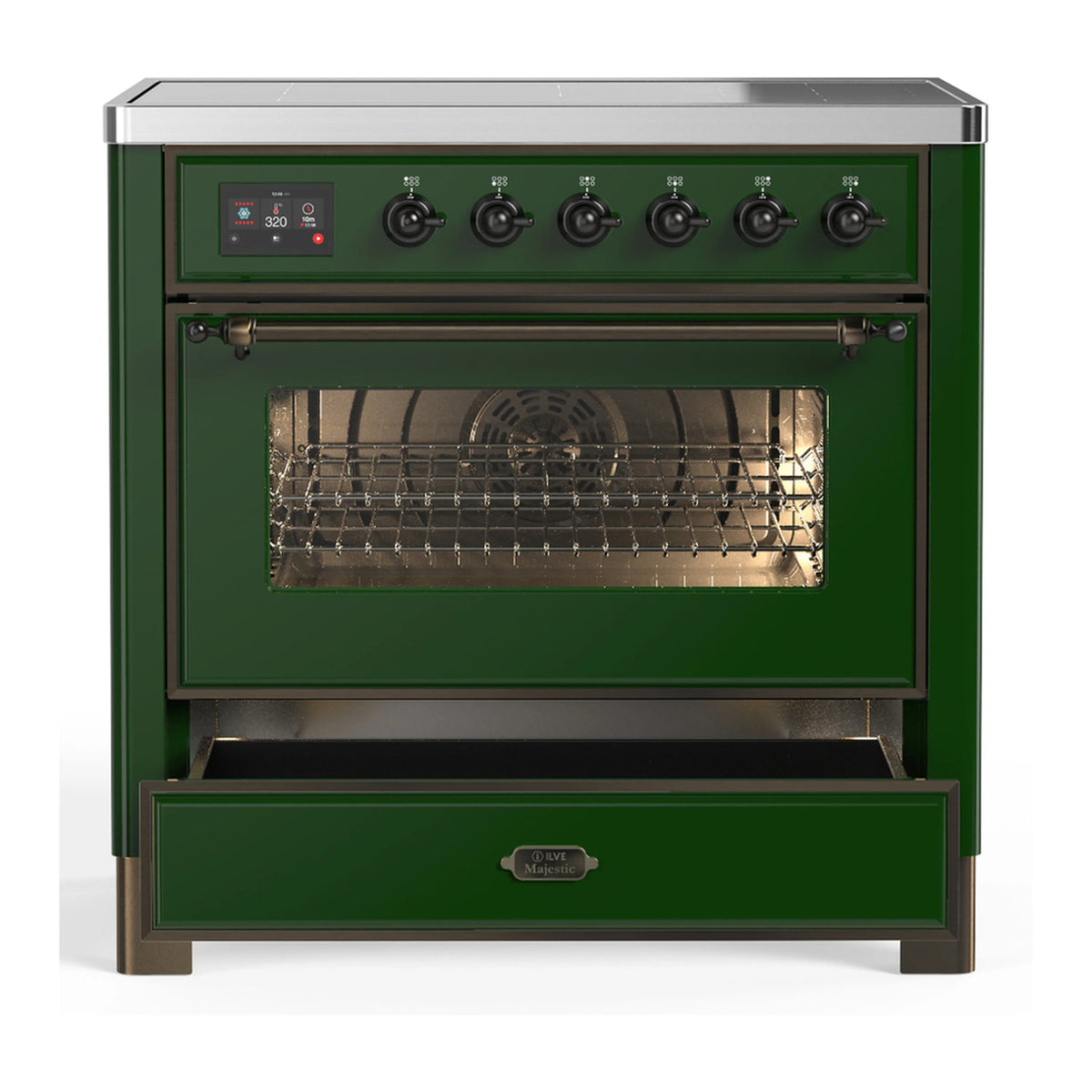 Emerald green induction range with open oven door and top burner controls