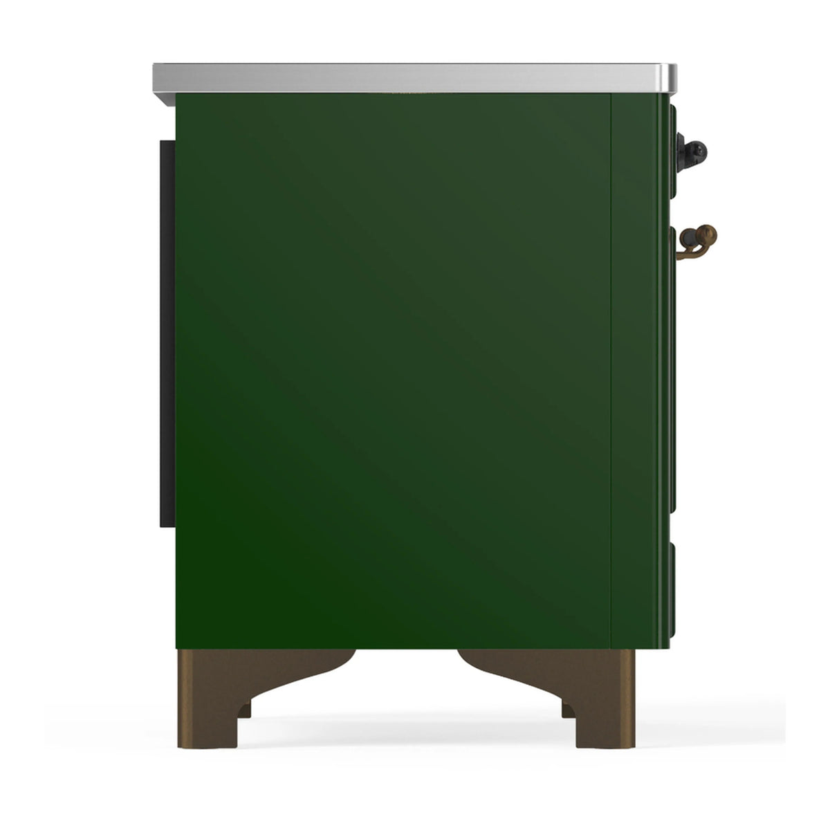 Emerald green induction range side panel with metallic trim and small handle detail