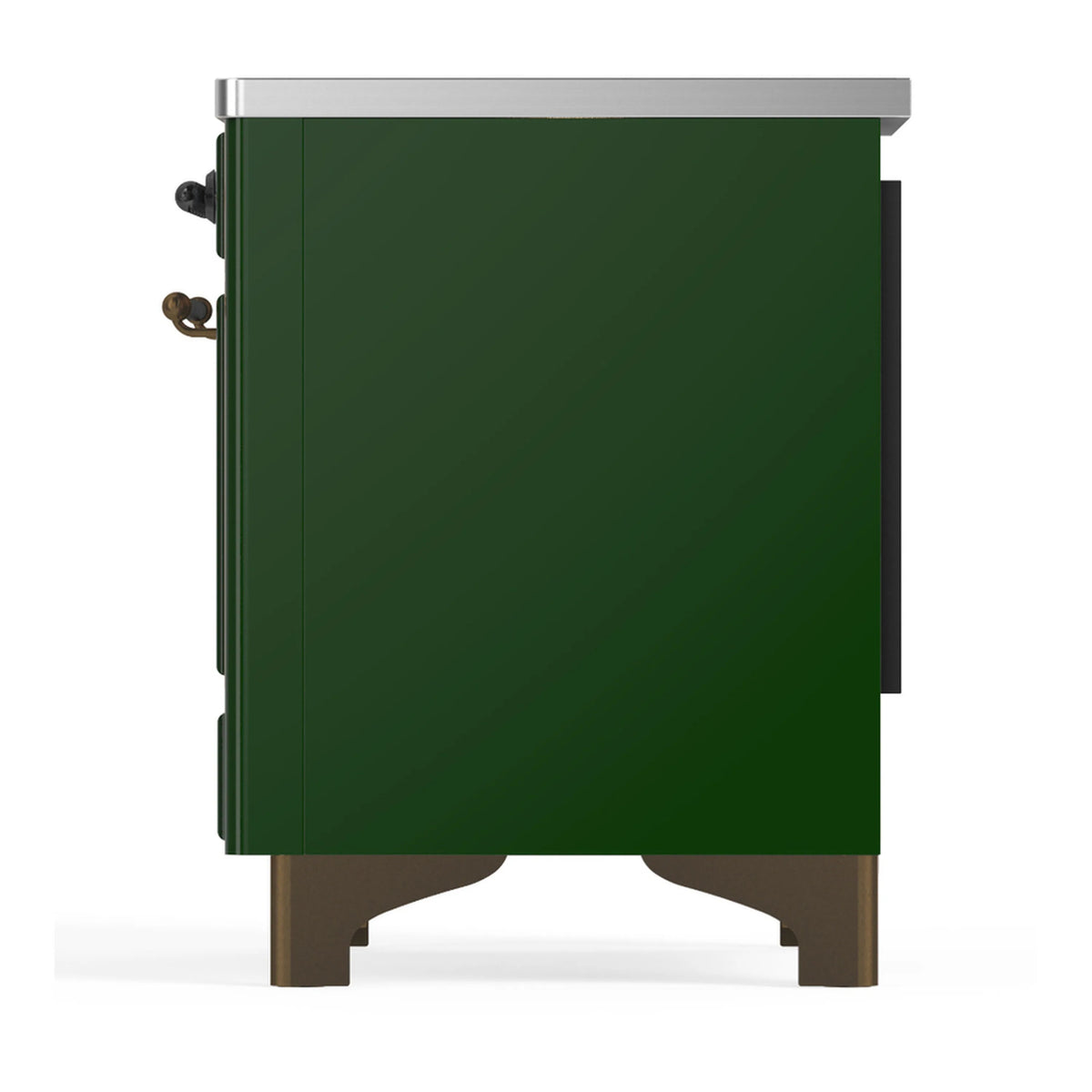 Emerald green induction range rear panel view with trim legs and side handles