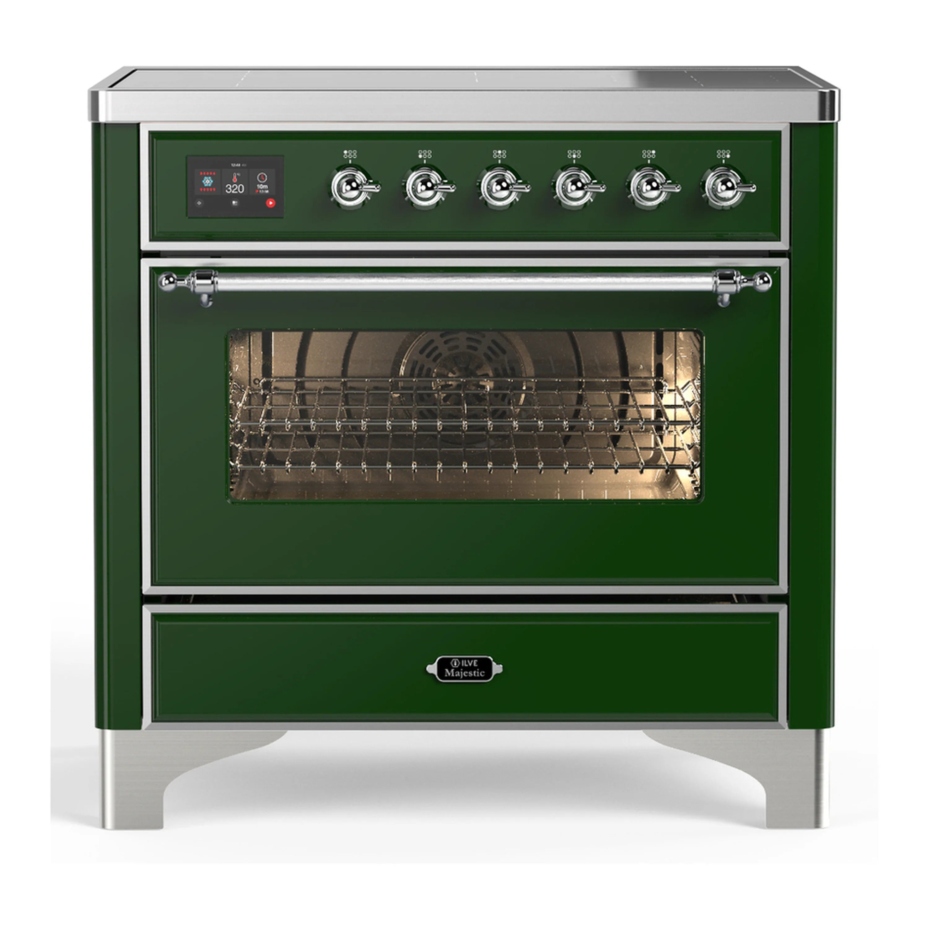 Emerald green induction range with chrome trim and open electric oven door