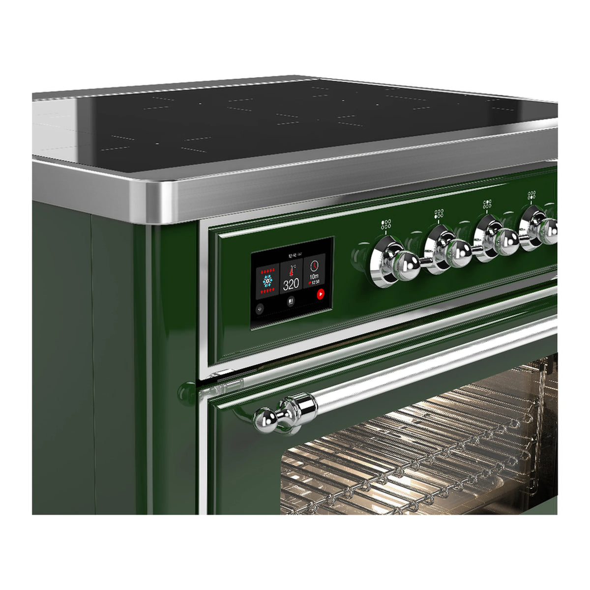 Emerald green induction range control panel with chrome knobs and cooktop