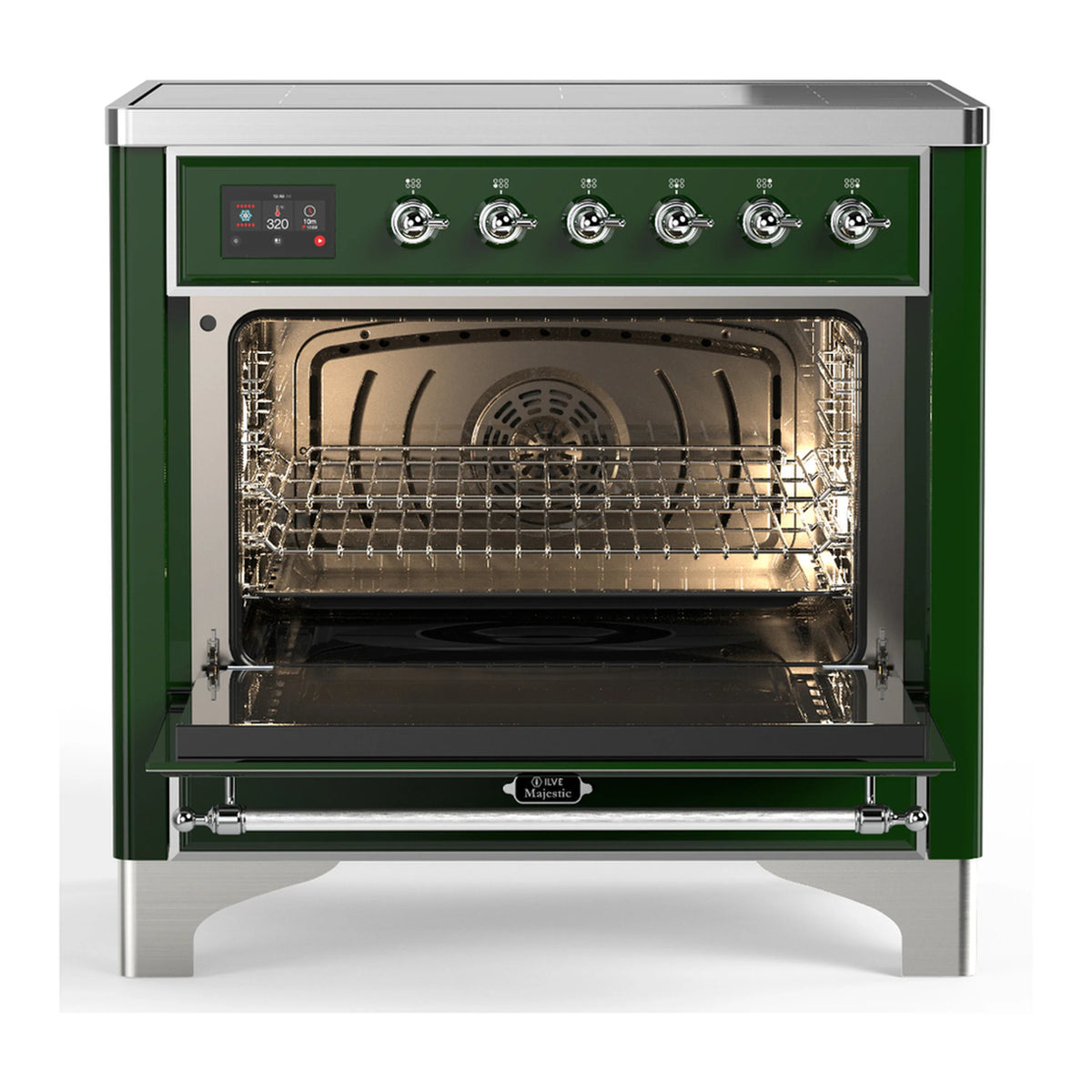 Emerald green induction range with oven open, racks visible behind glass door