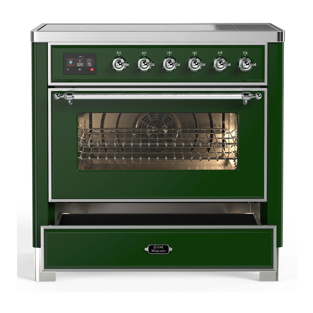 Emerald green induction range with chrome-trimmed oven door and control panel