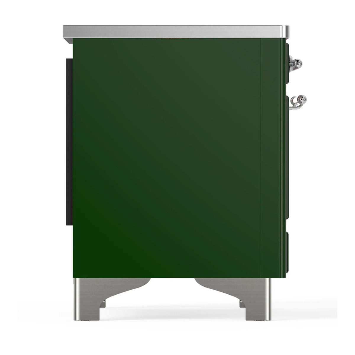 Emerald green induction range side panel with chrome trim and control handle