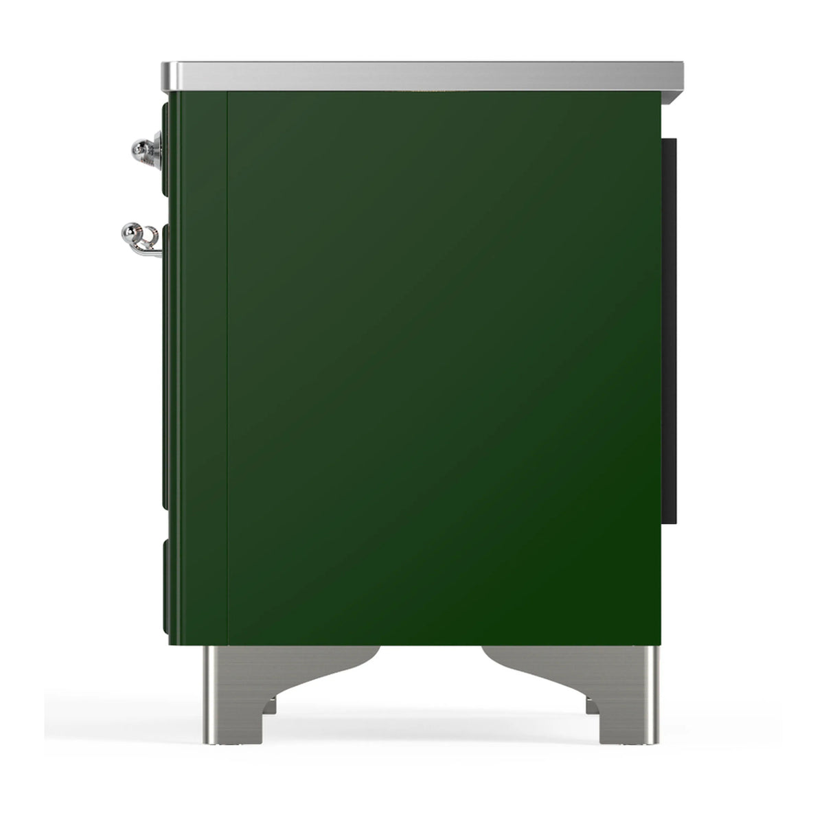 Emerald green induction range opposite side panel with chrome trim and hinges
