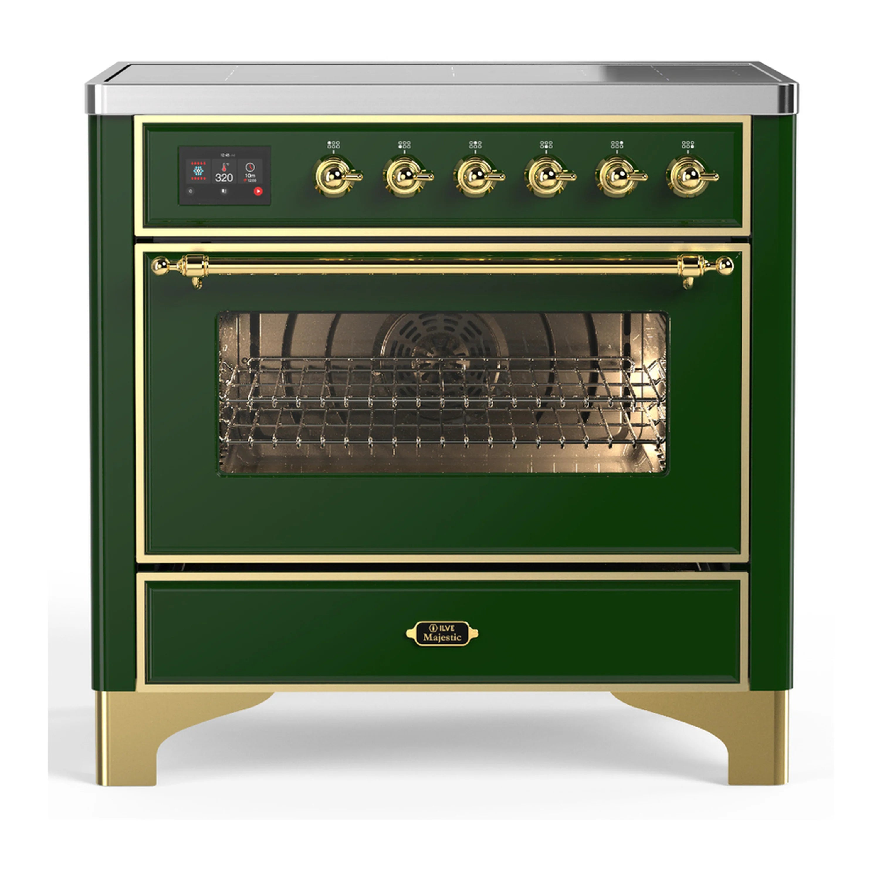 Emerald green electric induction range with brass-trimmed oven door and control panel.