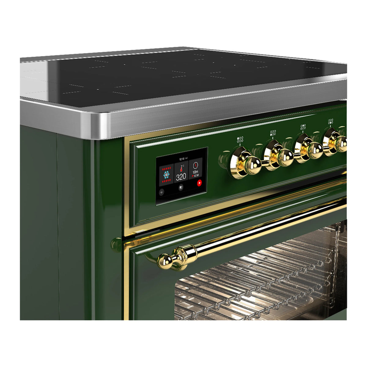 Emerald induction range control panel with brass knobs and digital temperature display.