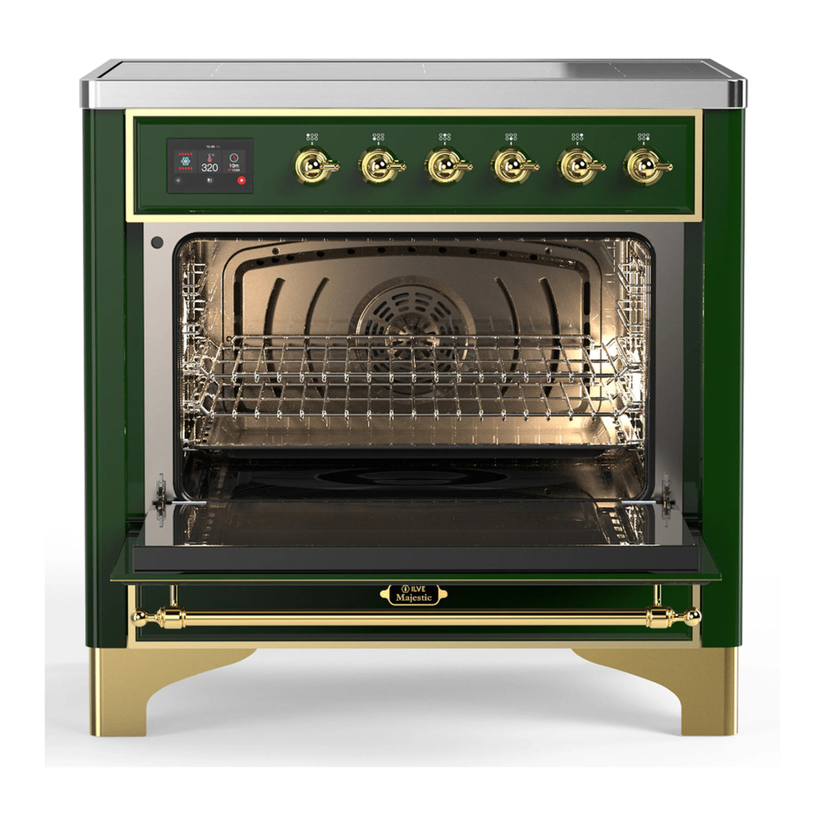 Emerald green induction oven door open, showing racks and stainless interior.