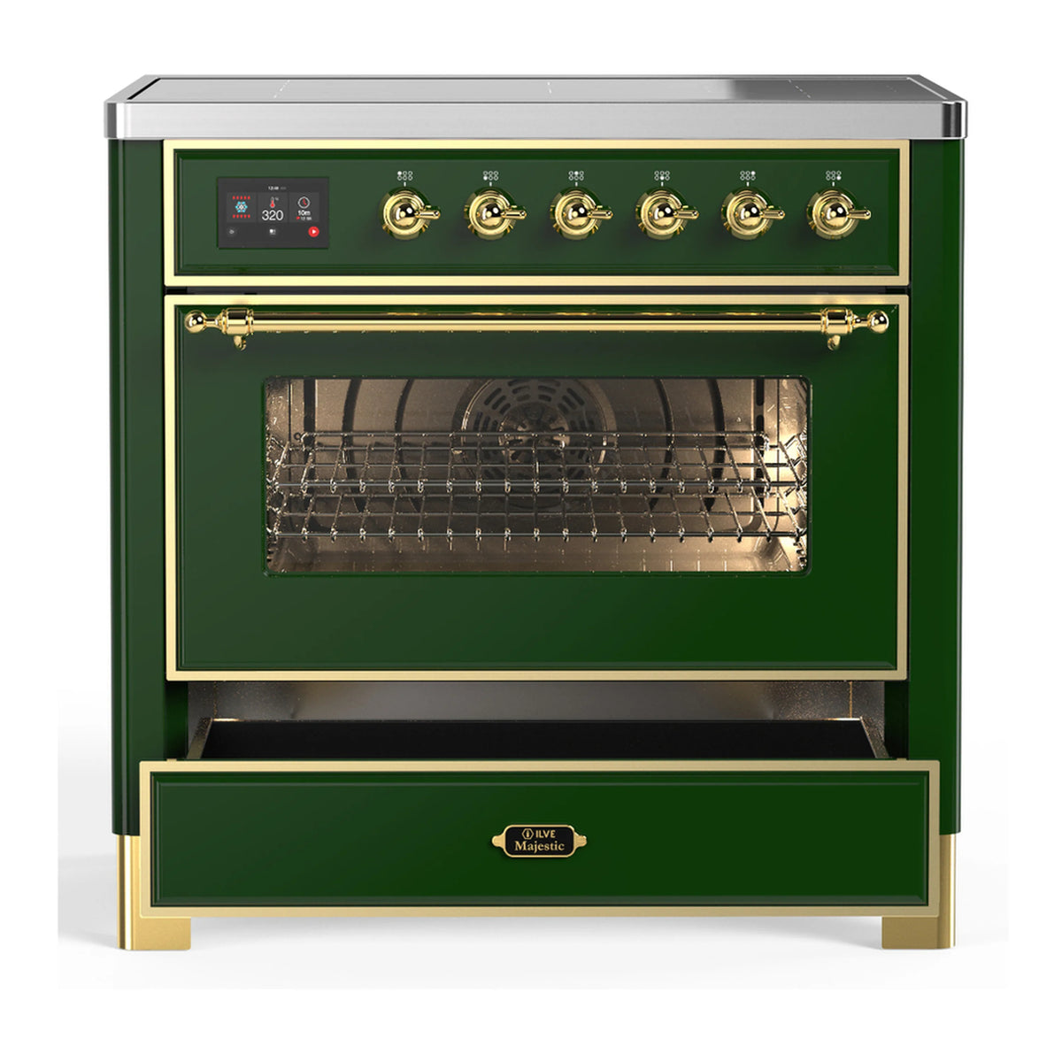 Emerald green induction range with oven door and storage drawer closed, brass trim.
