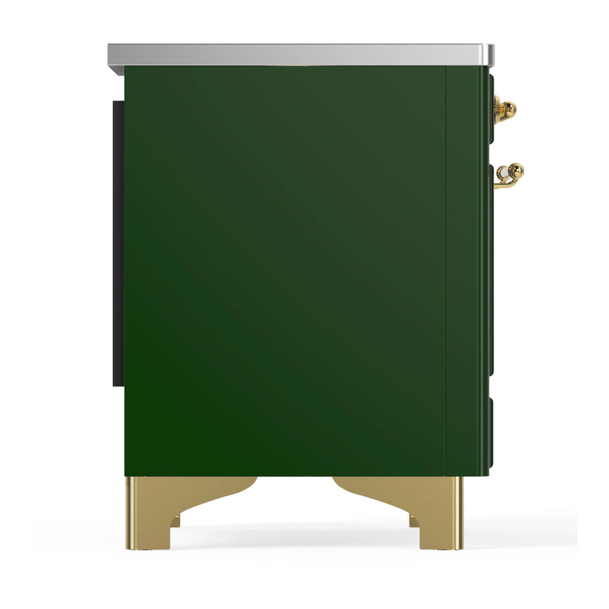 Emerald green induction range side panel with brass handle knobs and silver top.