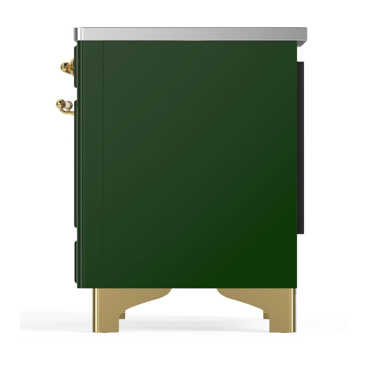 Emerald green induction range side view with brass trim legs and handle knobs.