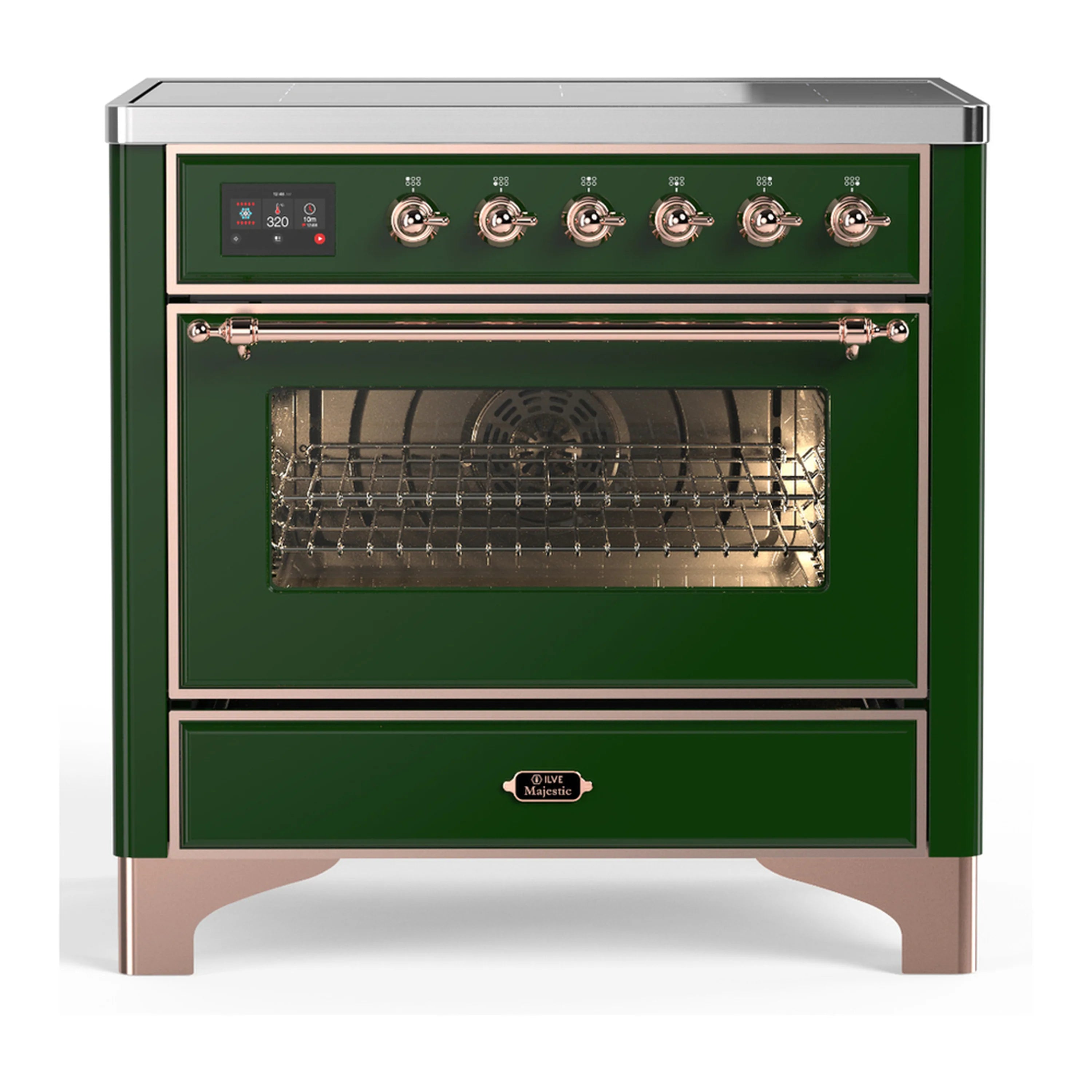 Emerald green induction range with copper trim, front panel and six burner knobs