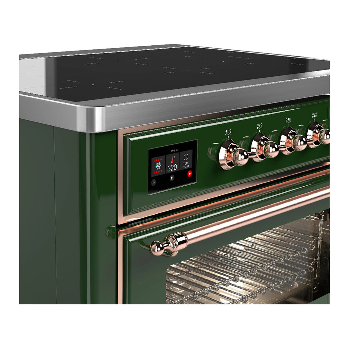 Emerald green induction range side view with control panel and open oven racks