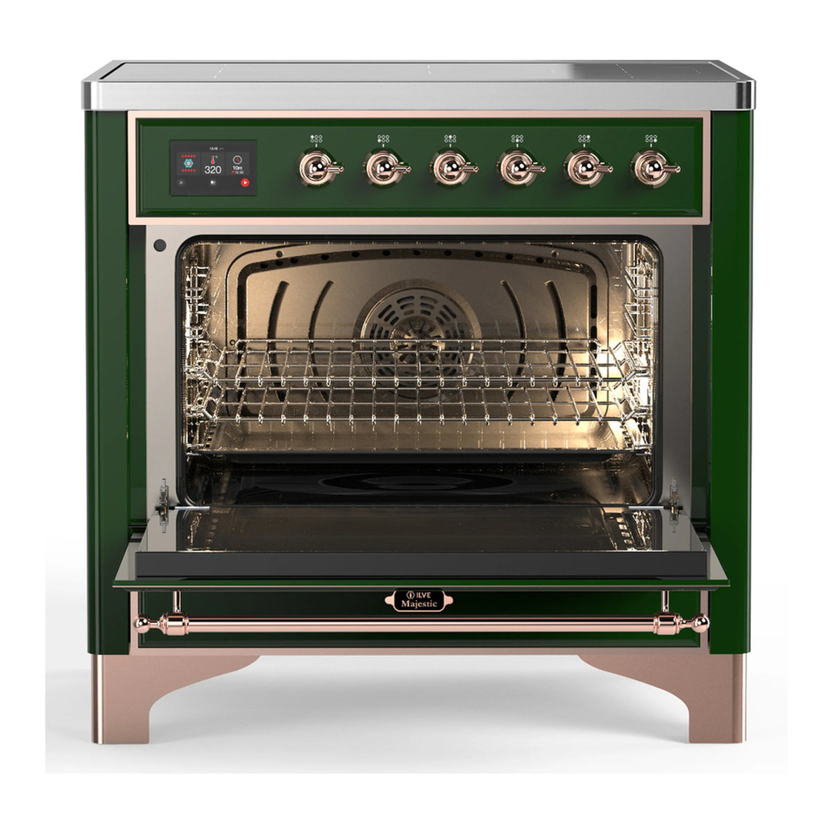 Emerald green electric oven with triple-glass door and front burner control panel
