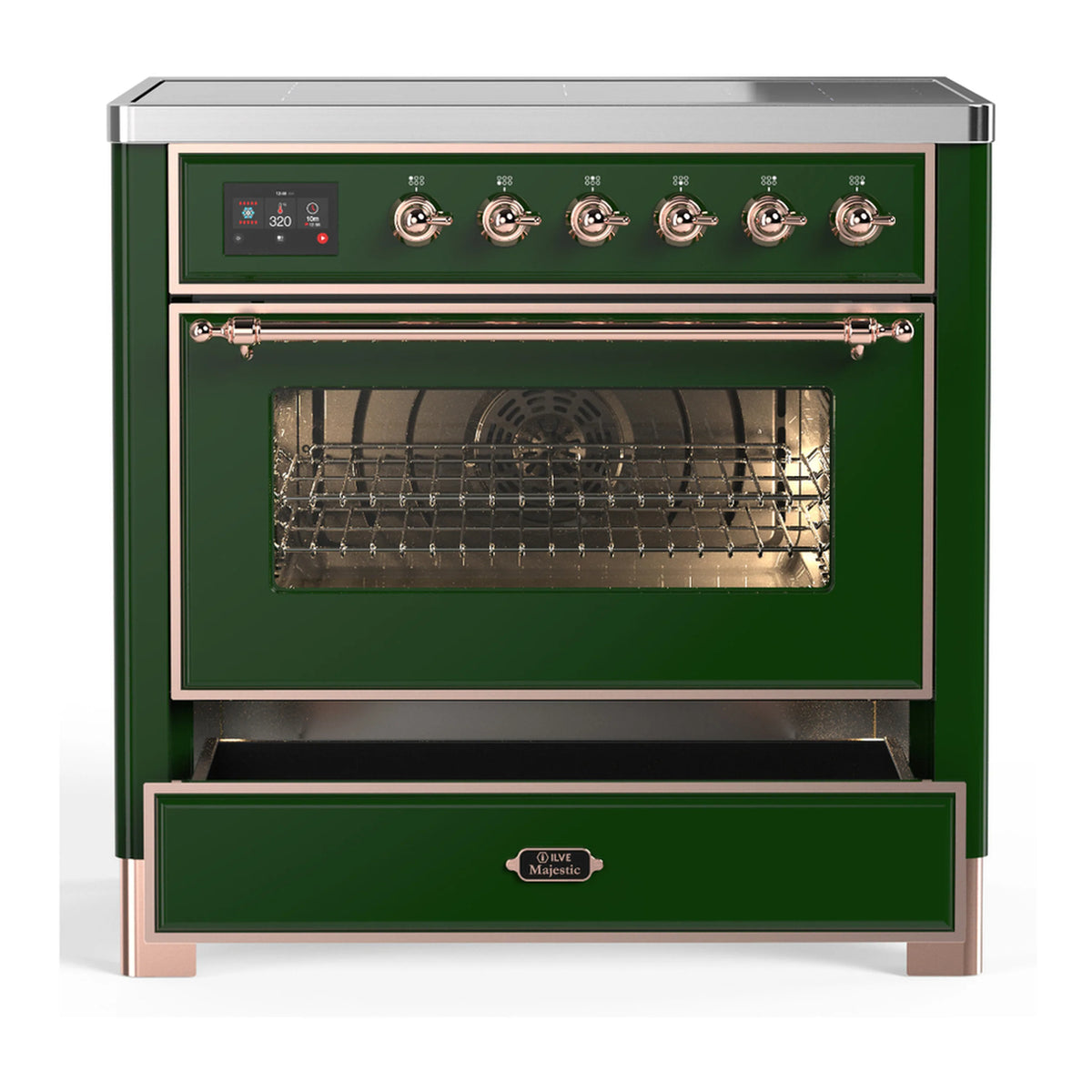 Emerald green induction range with closed oven door and lower storage drawer
