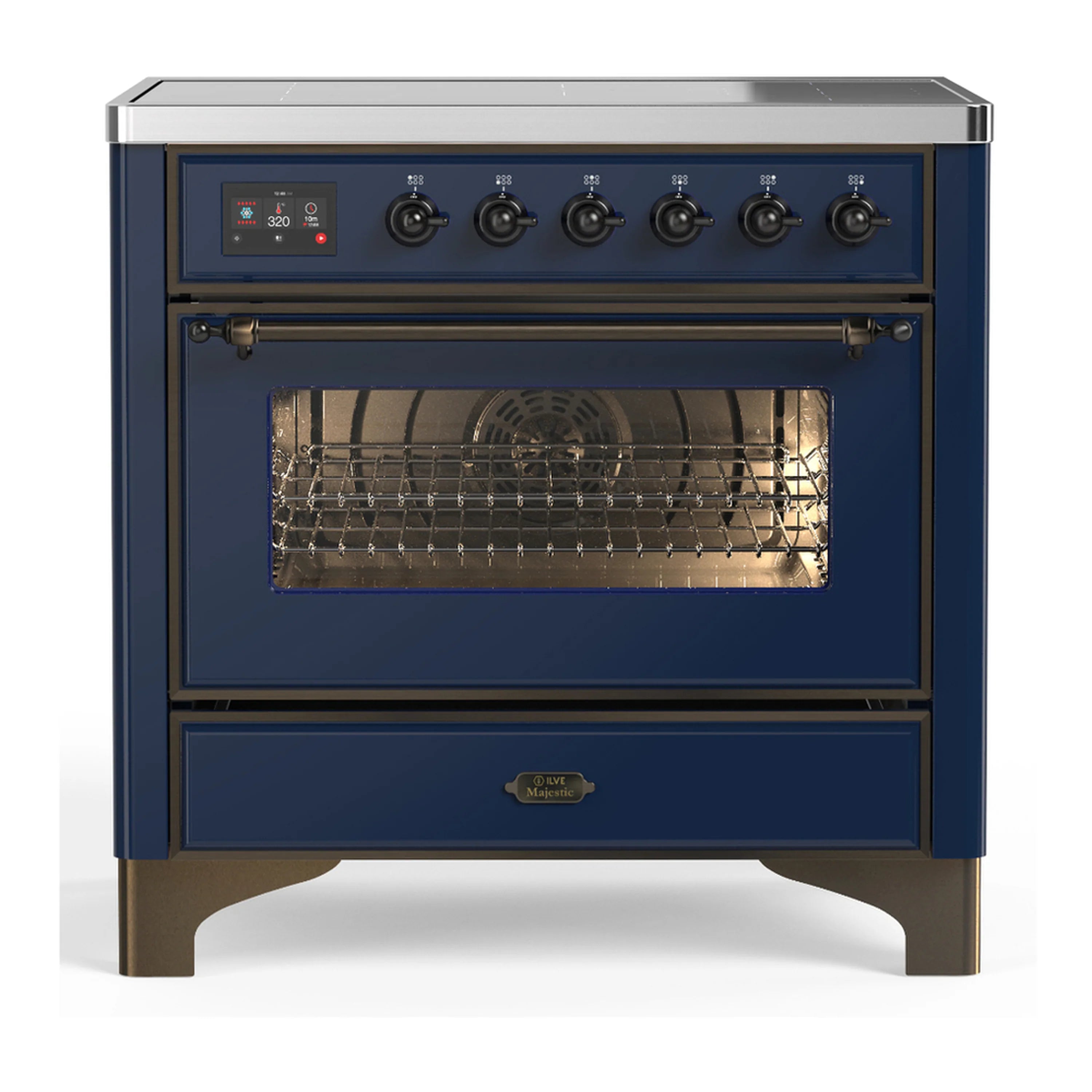 Midnight blue induction range with triple-glass oven door, six controls, and warming trim