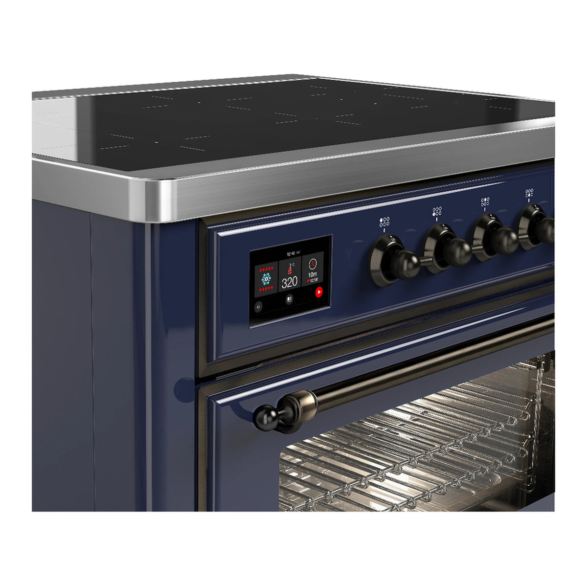 Midnight blue induction range back guard with control panel and oven door handle