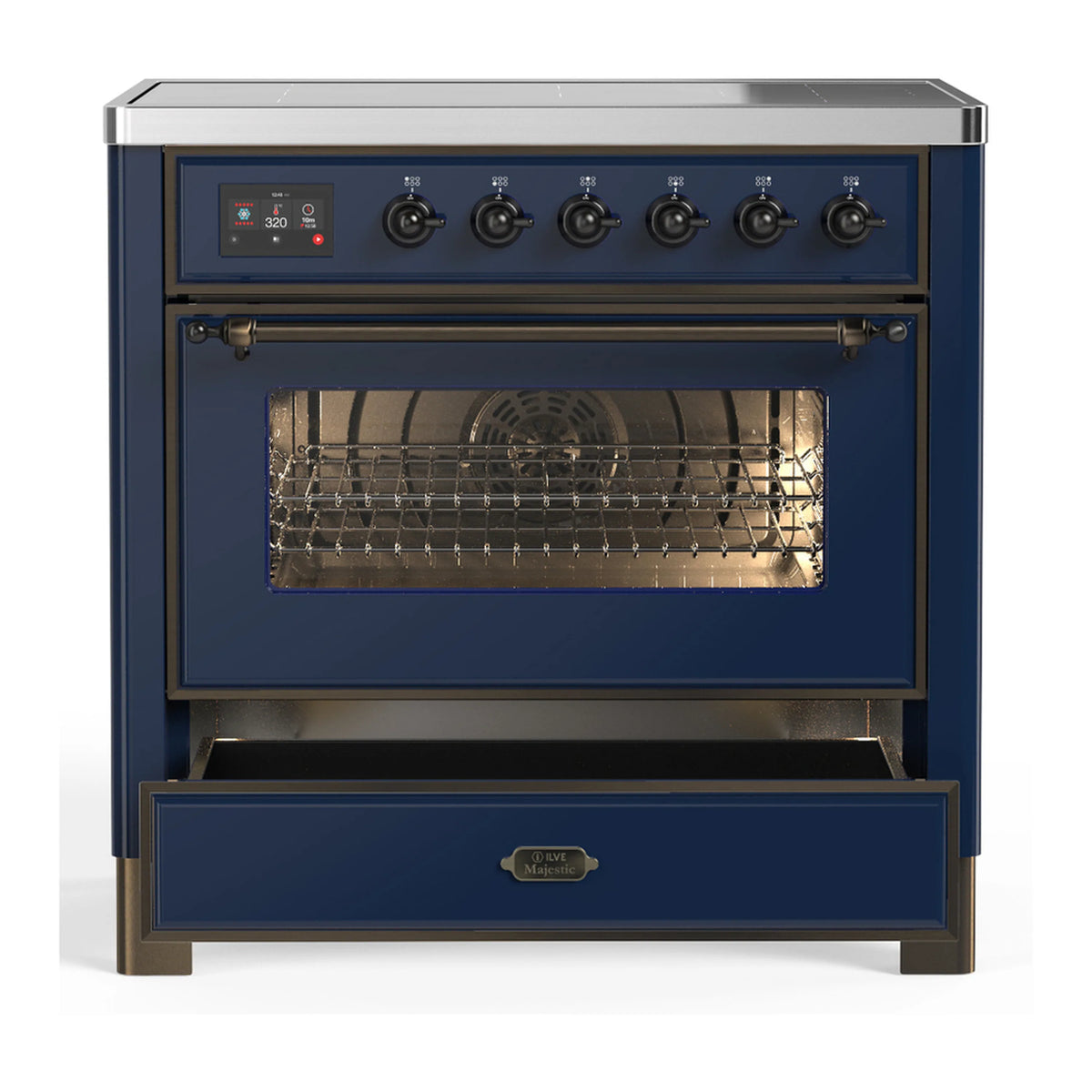 Midnight blue induction range with closed triple-glass oven door and front drawer