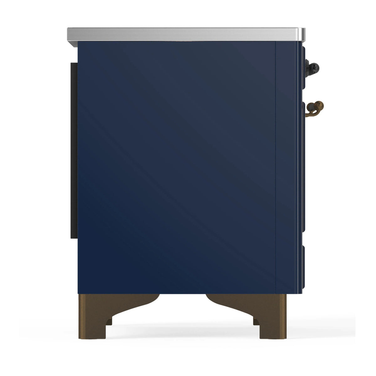 Midnight blue induction range side panel with rear-mounted controls and feet