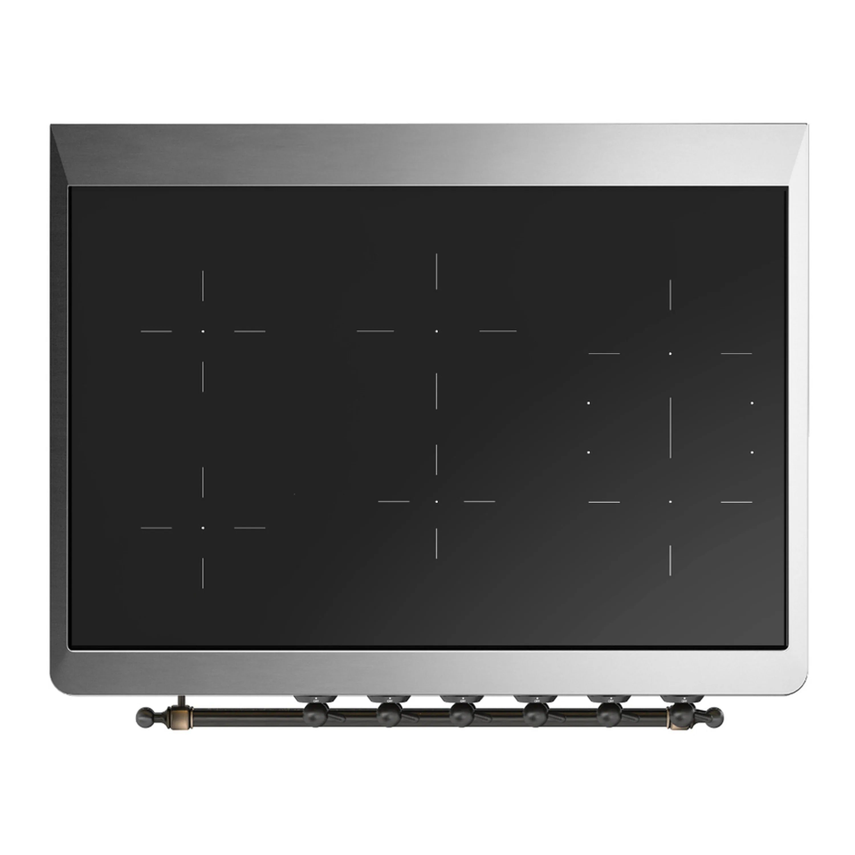 Midnight blue glass cooktop with six induction burner zones and front knob row