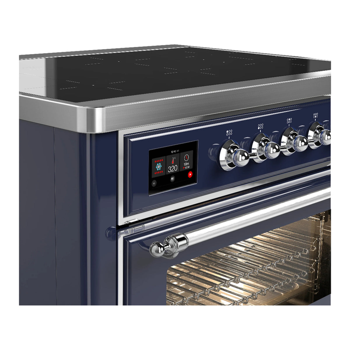 Blue induction range side view with chrome trim, control panel, and oven door ajar