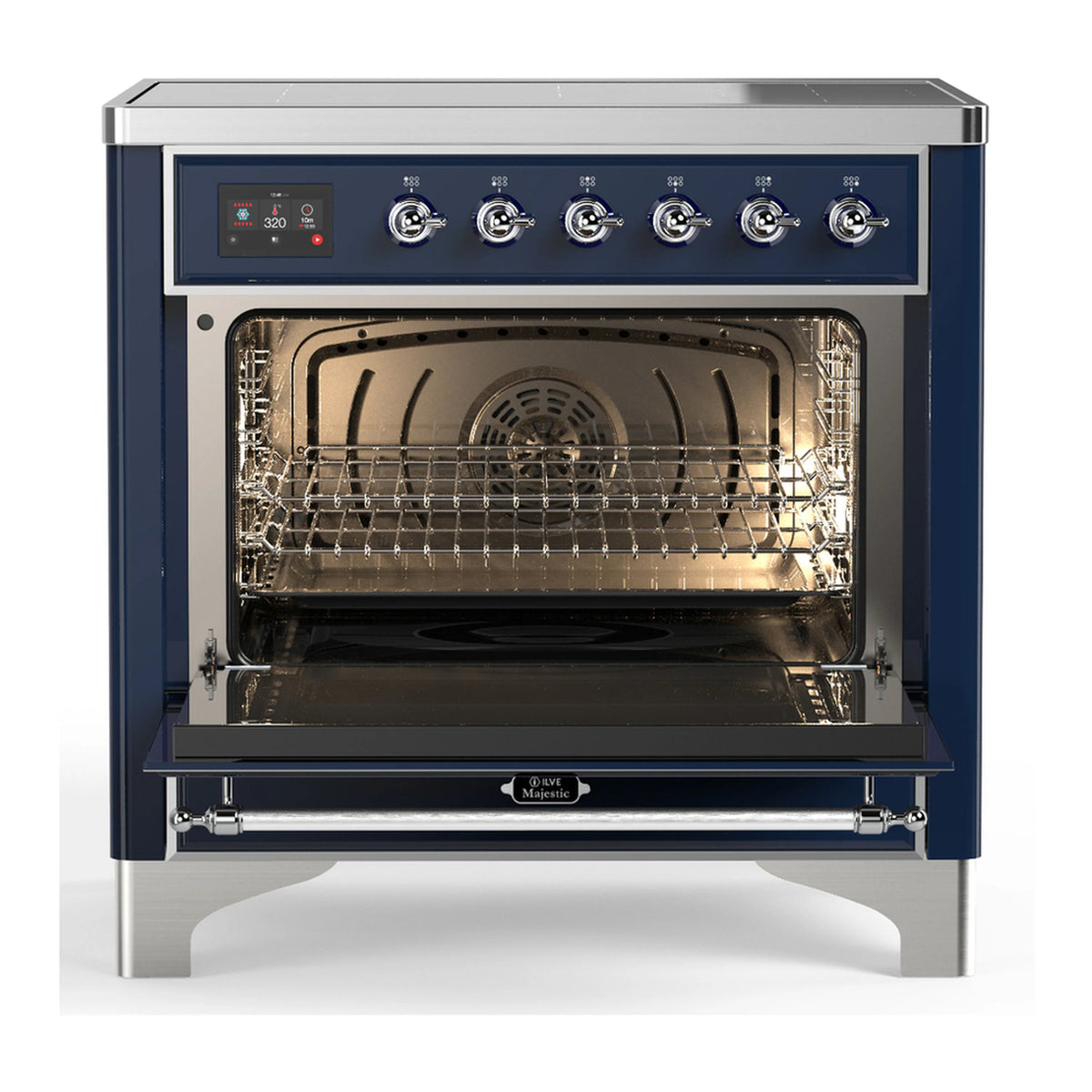 Blue induction range with chrome trim, oven door open showing oven rack and interior light
