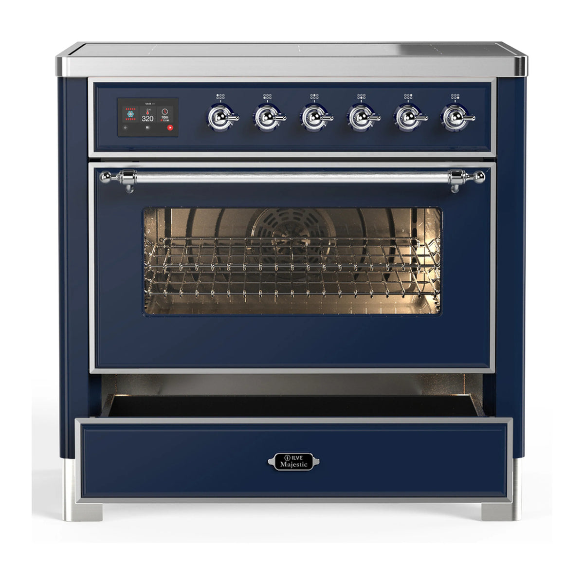 Blue induction range with chrome trim, control panel, closed oven door, and lower drawer