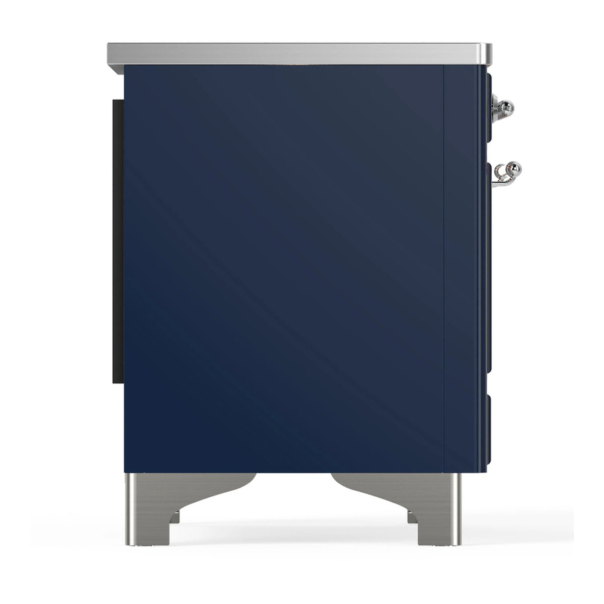 Blue induction range rear side panel with chrome accents and four leveling feet