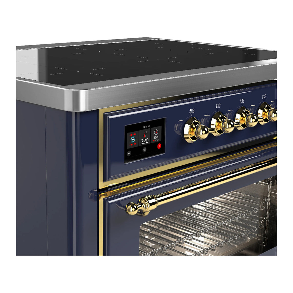 Induction range control panel with brass knobs and digital display