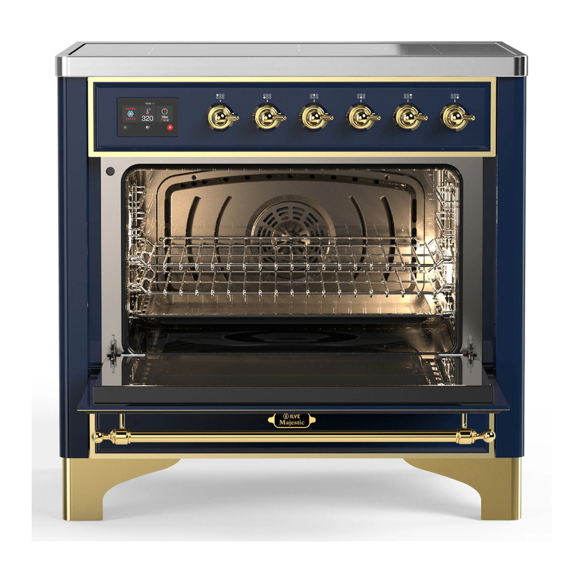 Midnight blue induction range with oven racks visible through triple glass door