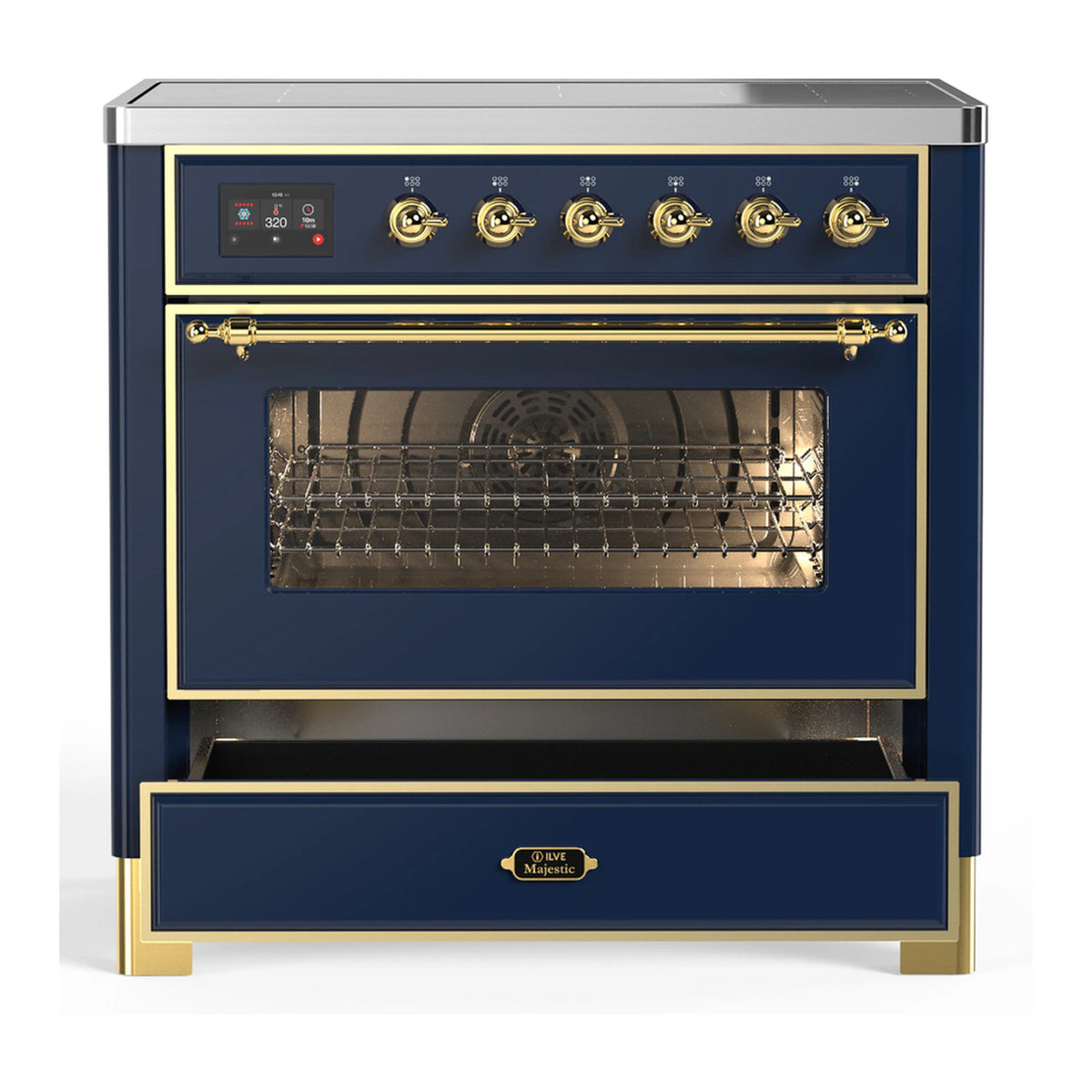 Midnight blue induction range front view with brass oven handle and knobs